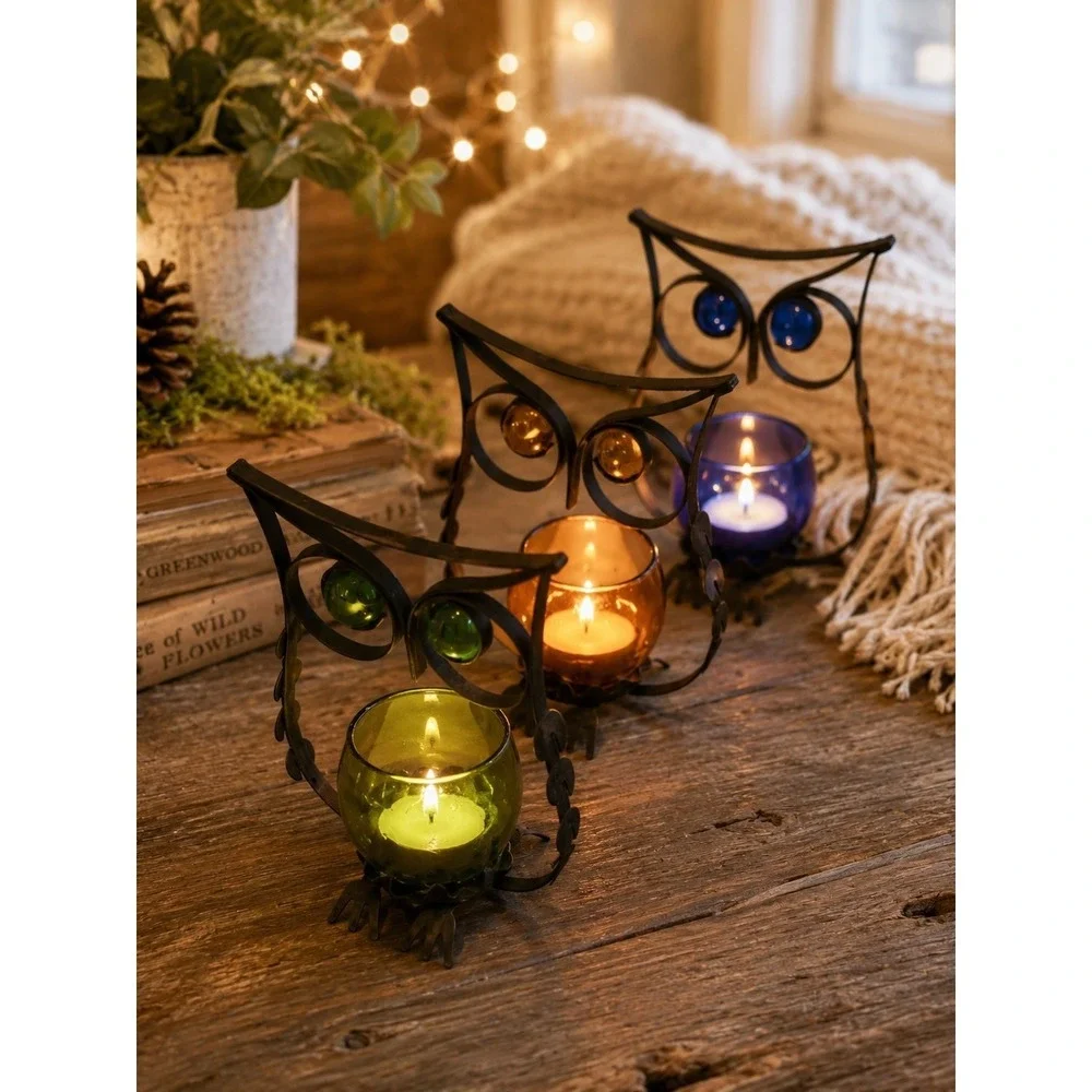 3 Metal Owl Tealight Votive Candle Holder w/Glass Candle Holder Farmhouse